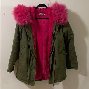 Parka jacket with fleece lining and faux fur hood